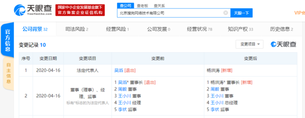 吳滔卸任法人及董事長(zhǎng)職務(wù)，旗下公司工商變更完成